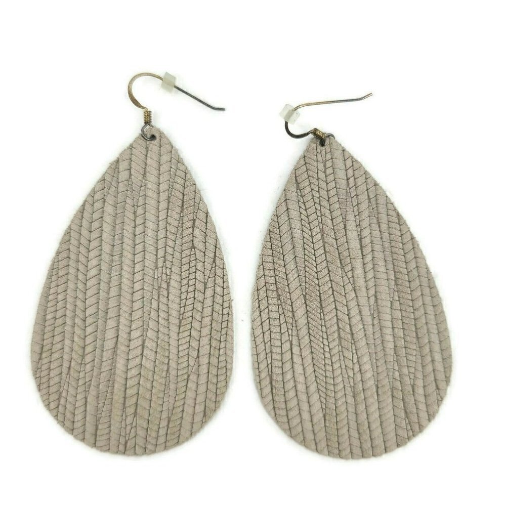 Nickel & Suede Beige Grey Textured Leather Teardrop Earrings Large 3"